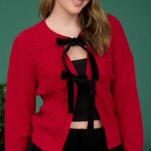 Blu Pepper Red Women's Sweater with Velvet Bow Accents
